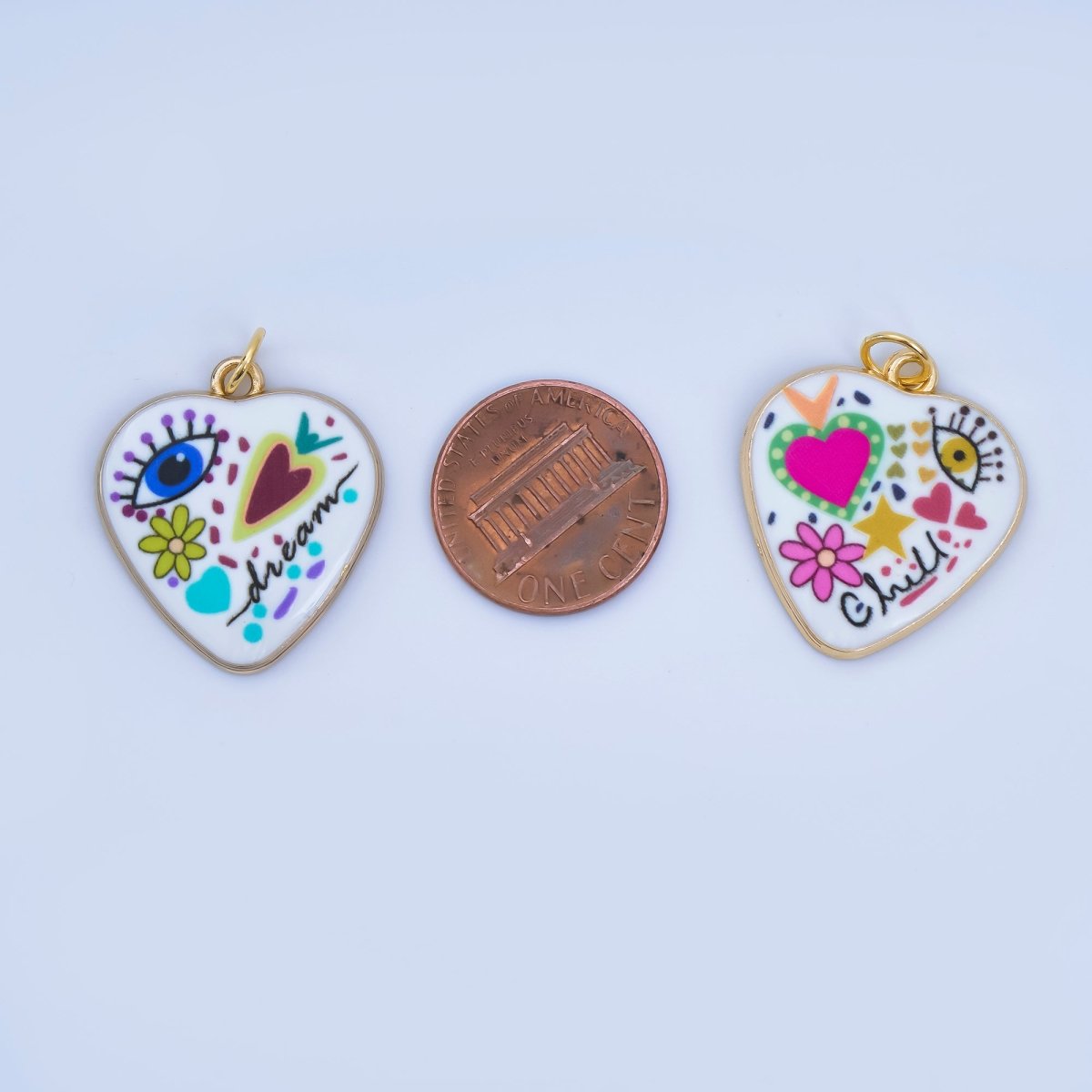 Positive Words Colorful Heart Enamel Charms 24K Gold Fill Love & Eye Pendants AJ - 406 - DLUXCA