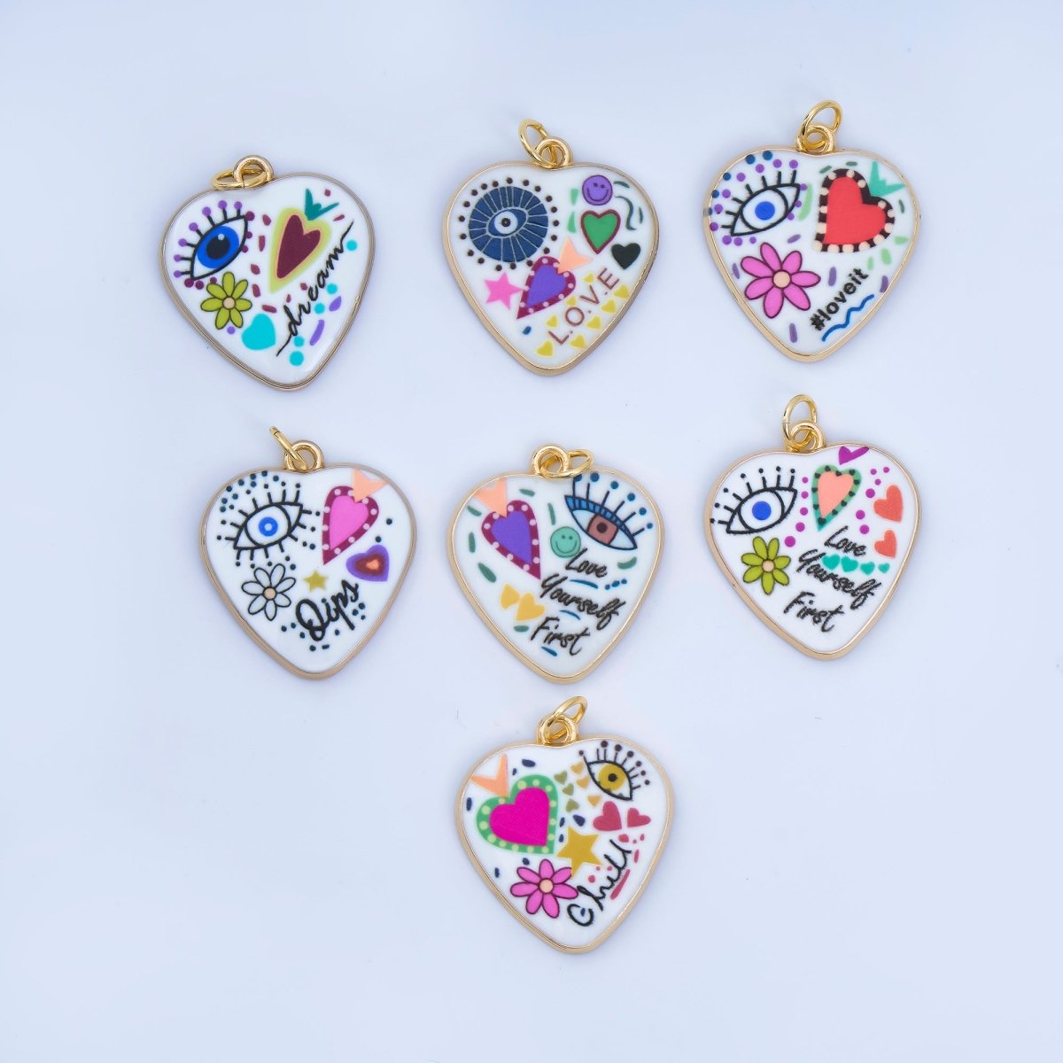 Positive Words Colorful Heart Enamel Charms 24K Gold Fill Love & Eye Pendants AJ - 406 - DLUXCA