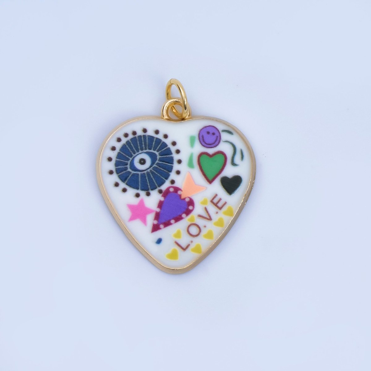 Positive Words Colorful Heart Enamel Charms 24K Gold Fill Love & Eye Pendants AJ - 406 - DLUXCA