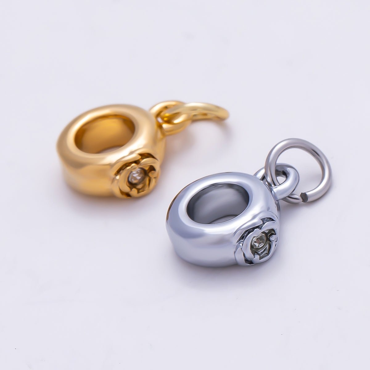 PVD Gold Stainless Steel 11mm CZ Rose Flower Drop Rondelle Charm Finding in Gold & Silver | Charms-01344 Charms-01345 - DLUXCA