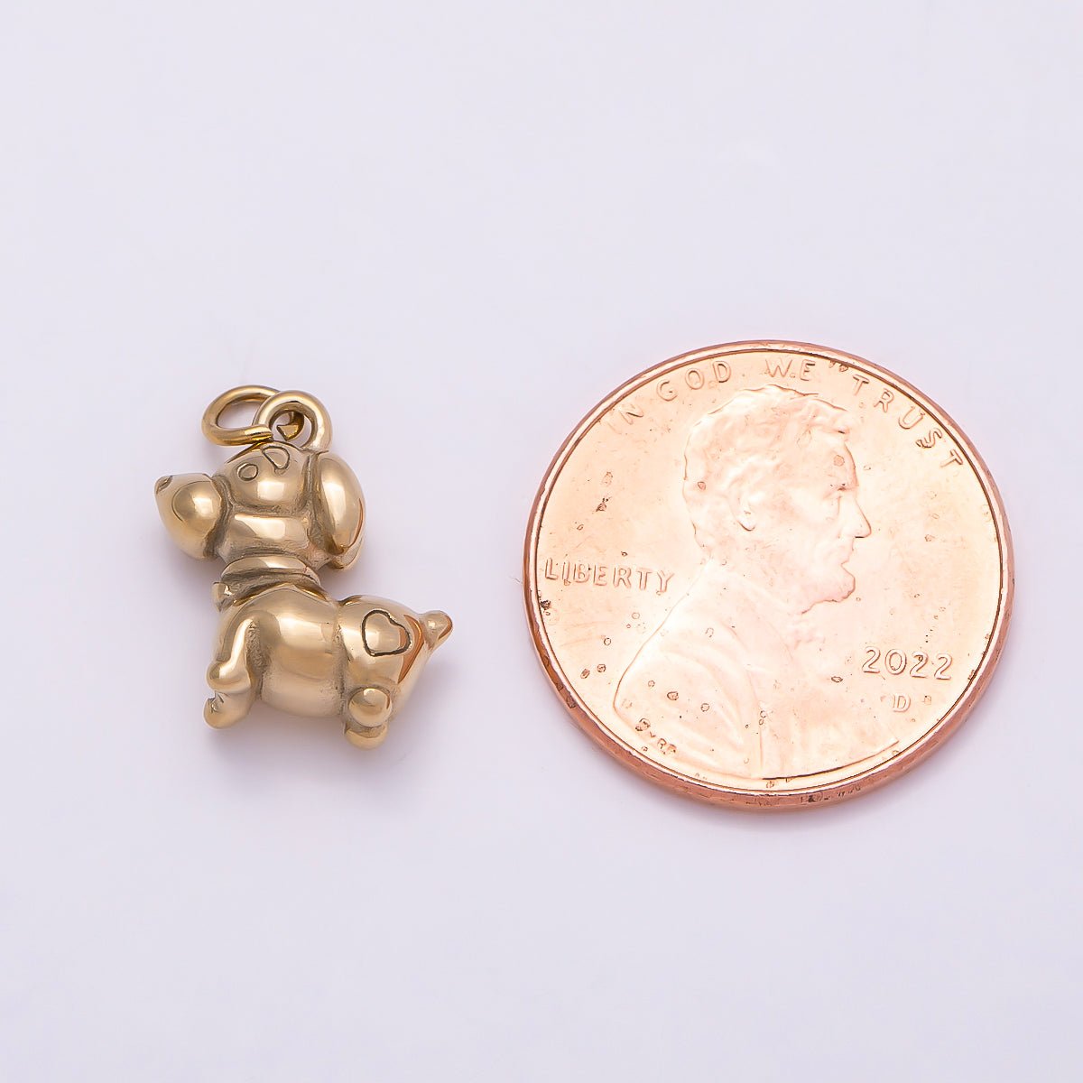 PVD Gold Stainless Steel 13mm Heart Puppy Dog Pet Animal 3D Multidimensional Charm | Charms-01018 - DLUXCA