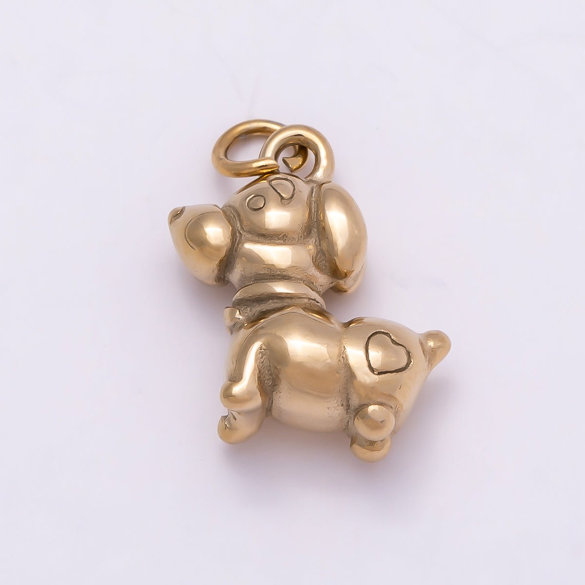 PVD Gold Stainless Steel 13mm Heart Puppy Dog Pet Animal 3D Multidimensional Charm | Charms-01018 - DLUXCA