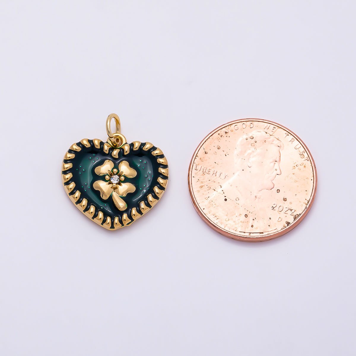 PVD Gold Stainless Steel 16mm Clear CZ Green Enamel Clover Heart Charm | Charms-01327 - DLUXCA