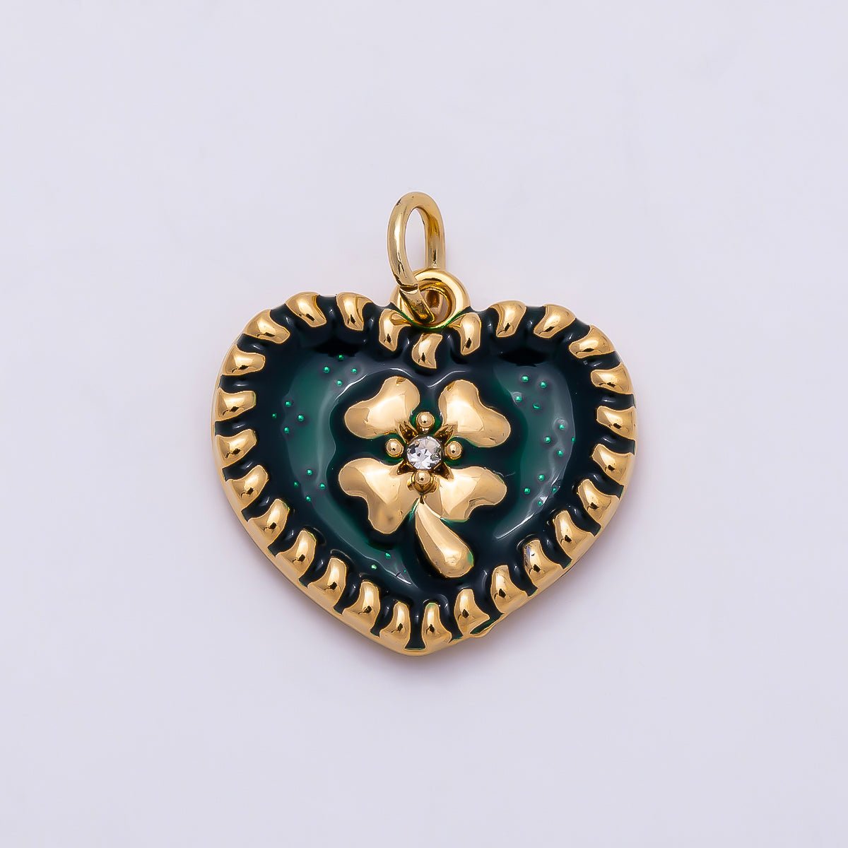 PVD Gold Stainless Steel 16mm Clear CZ Green Enamel Clover Heart Charm | Charms-01327 - DLUXCA