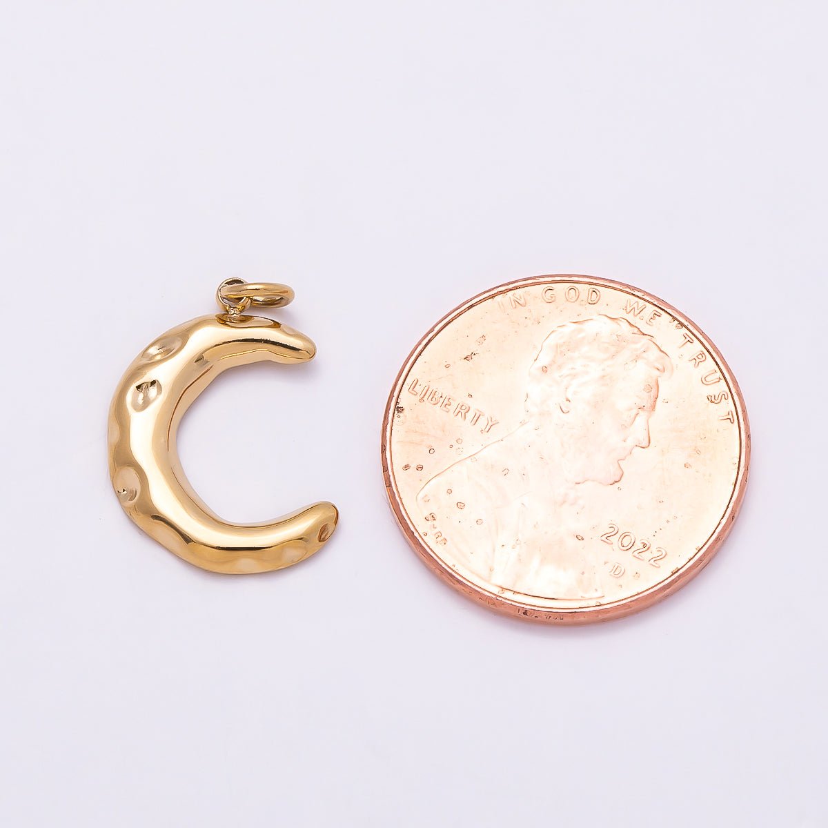 PVD Gold Stainless Steel 16mm Hammered Celestial Crescent Moon Charm | Charms-01015 - DLUXCA
