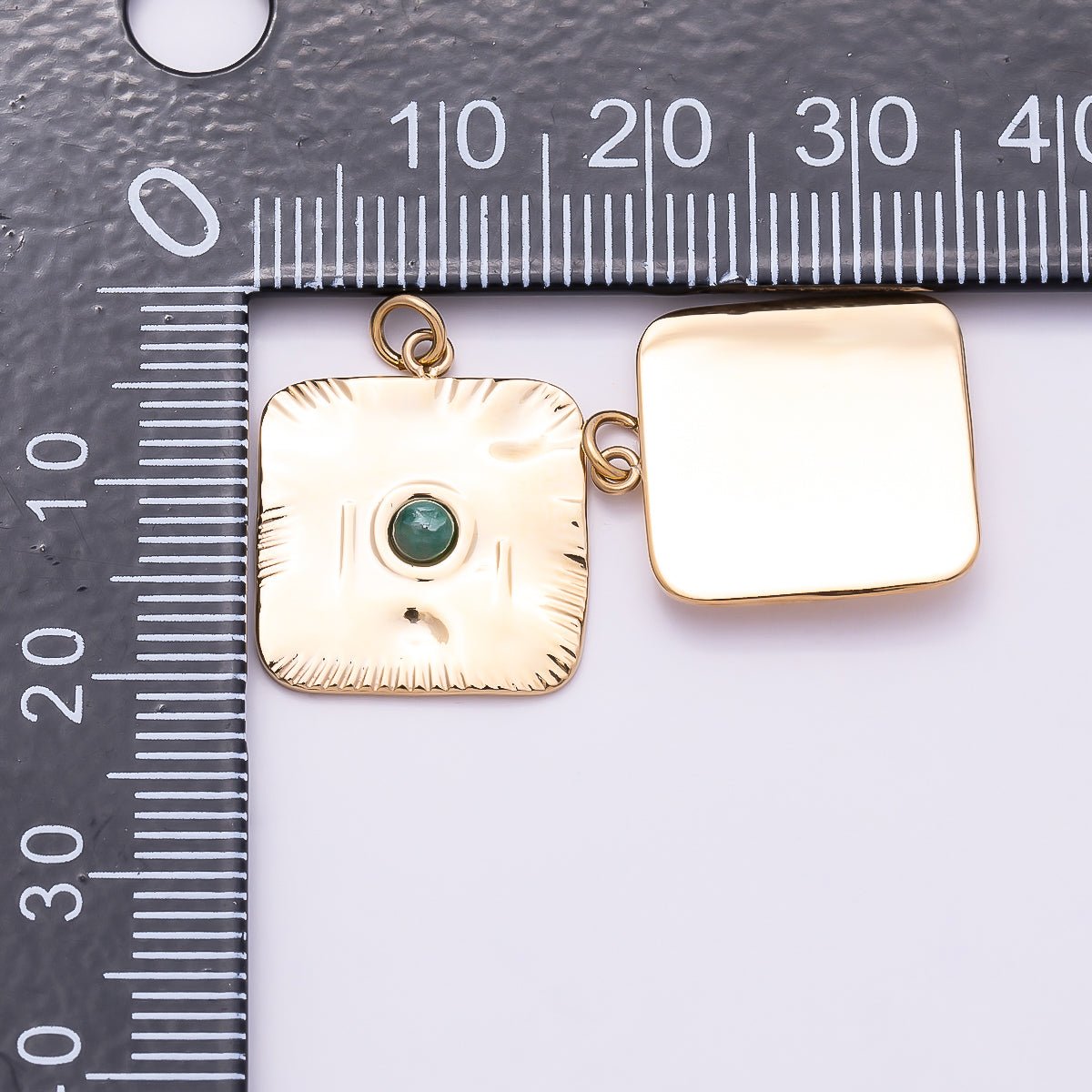 PVD Gold Stainless Steel 18mm Green Aventurine Textured Square Charm | Charms-01022 - DLUXCA