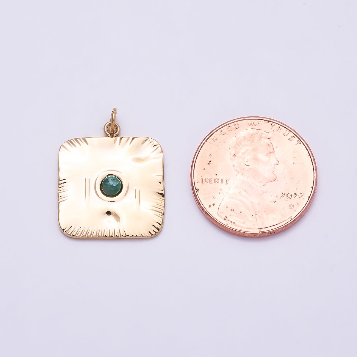 PVD Gold Stainless Steel 18mm Green Aventurine Textured Square Charm | Charms-01022 - DLUXCA