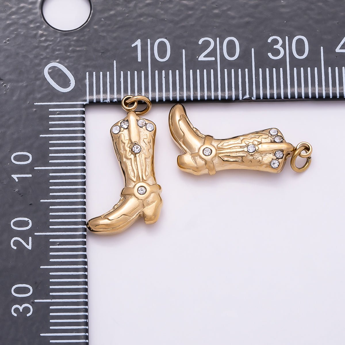PVD Gold Stainless Steel 19mm Clear CZ Vintage 3D Cowboy Boots Western Charm | Charms-01028 - DLUXCA