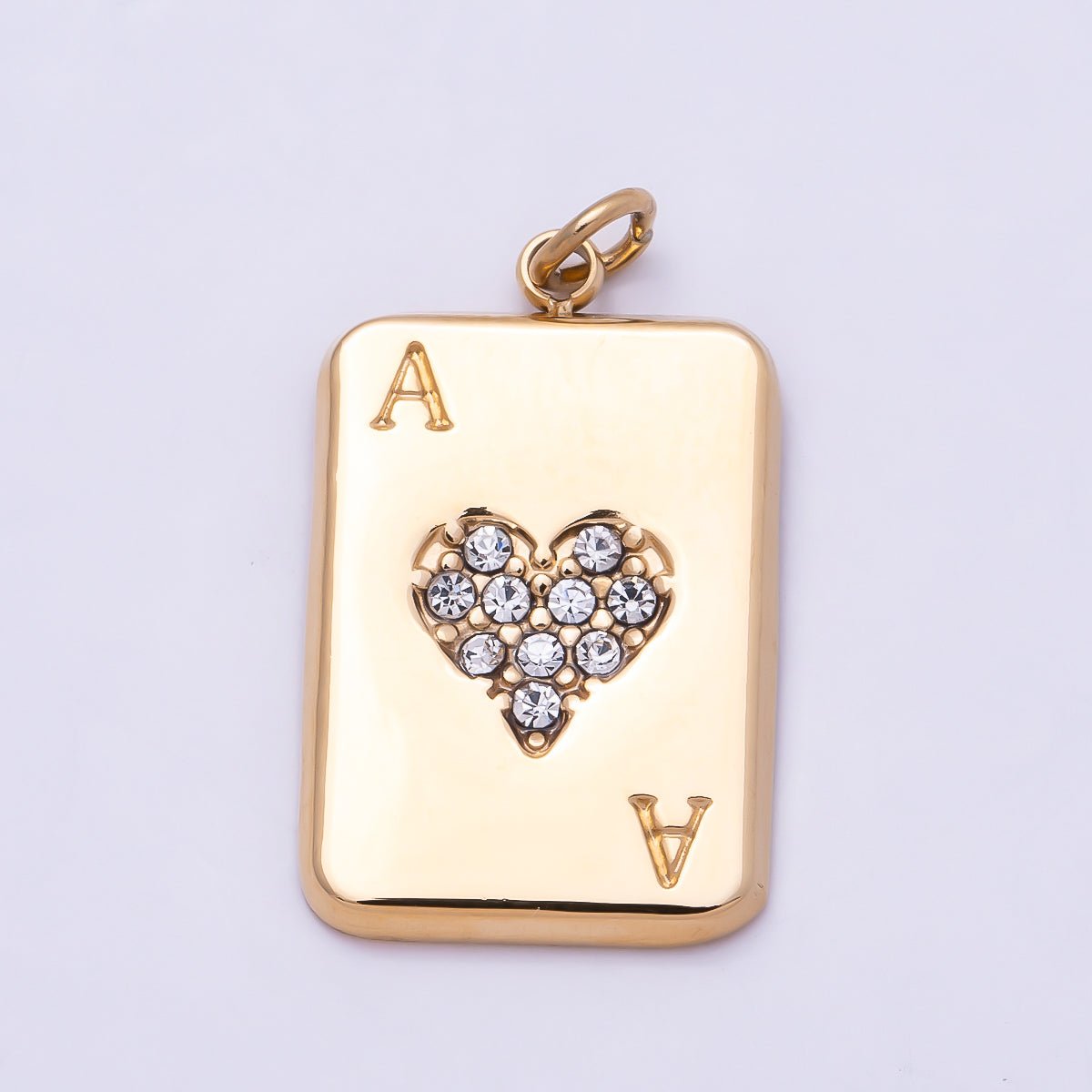 PVD Gold Stainless Steel 20mm Micro Paved CZ Ace of Heart Game Card Charm | Charms-01028 - DLUXCA