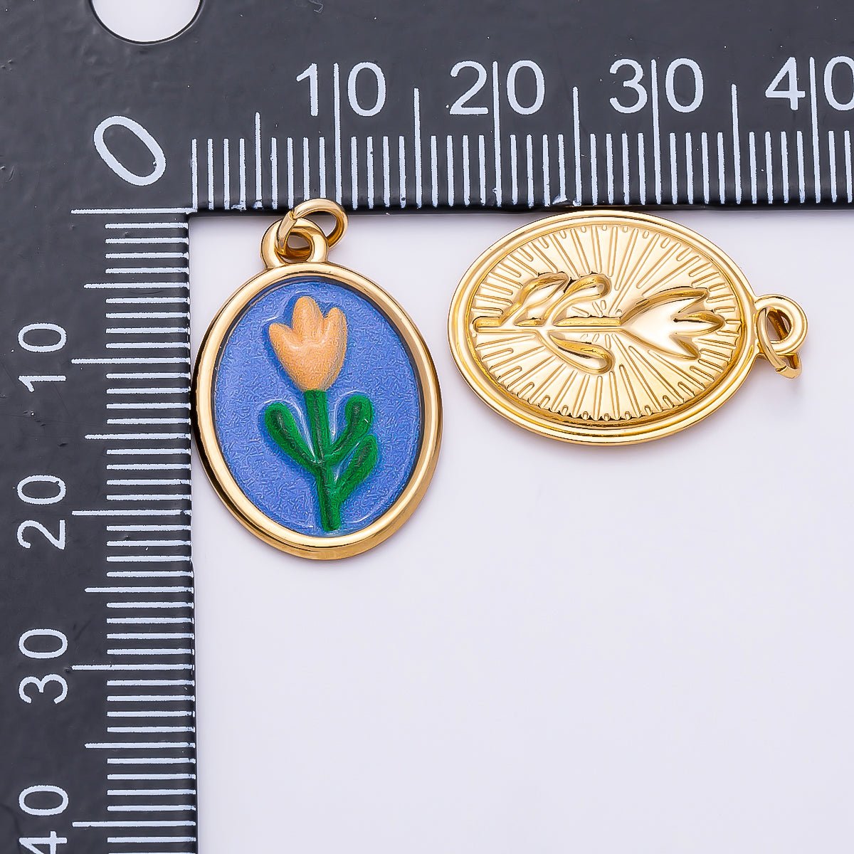 PVD Gold Stainless Steel 22mm Blue Enamel Tulip Flower Oval Charm | Charms-01343 - DLUXCA