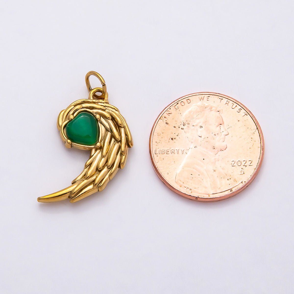 PVD Gold Stainless Steel 22mm Green, Red Heart Curved Angel Wing Charm | Charms-00808 Charms-01125 - DLUXCA