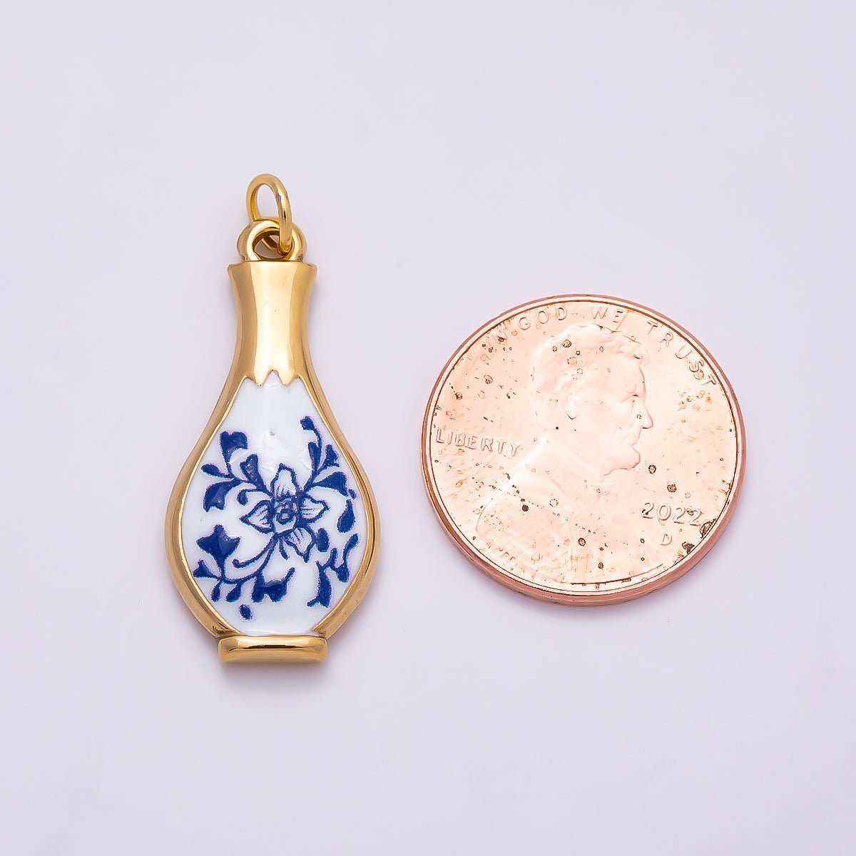 PVD Gold Stainless Steel 27mm Blue White Porcelain Ceramic Vase Charm | Charms-01329 - DLUXCA