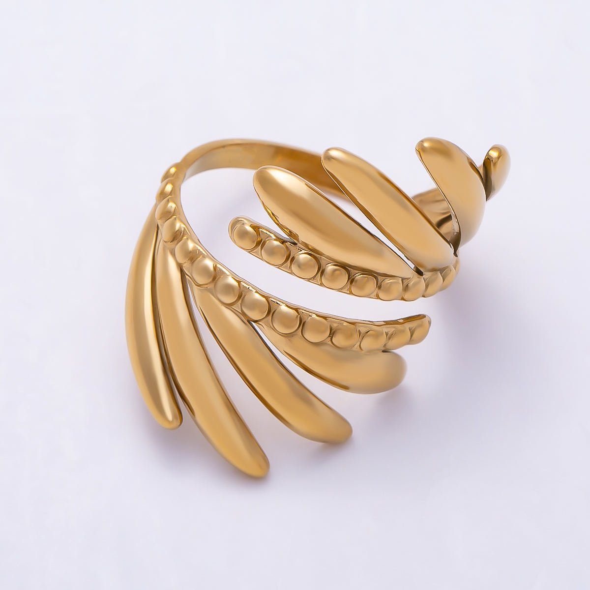 PVD Gold Stainless Steel Minimalist Geometric Leaf Wing Wrap Ring | Rings-00320 - DLUXCA