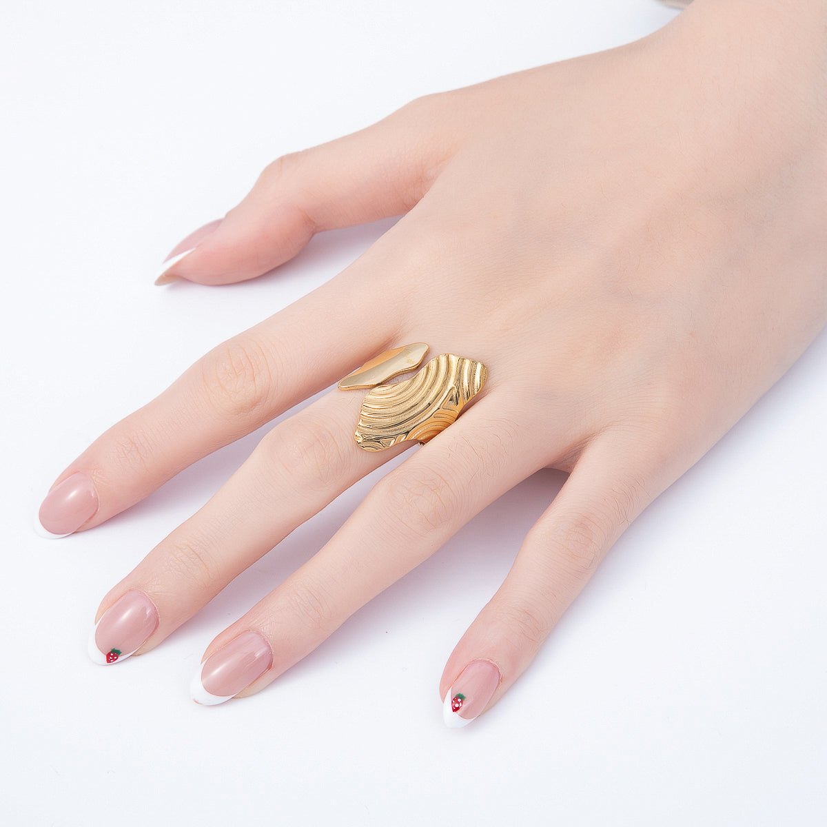 PVD Gold Stainless Steel Round Line Wavy Textured Geometric Wrap Ring | Rings-00314 - DLUXCA
