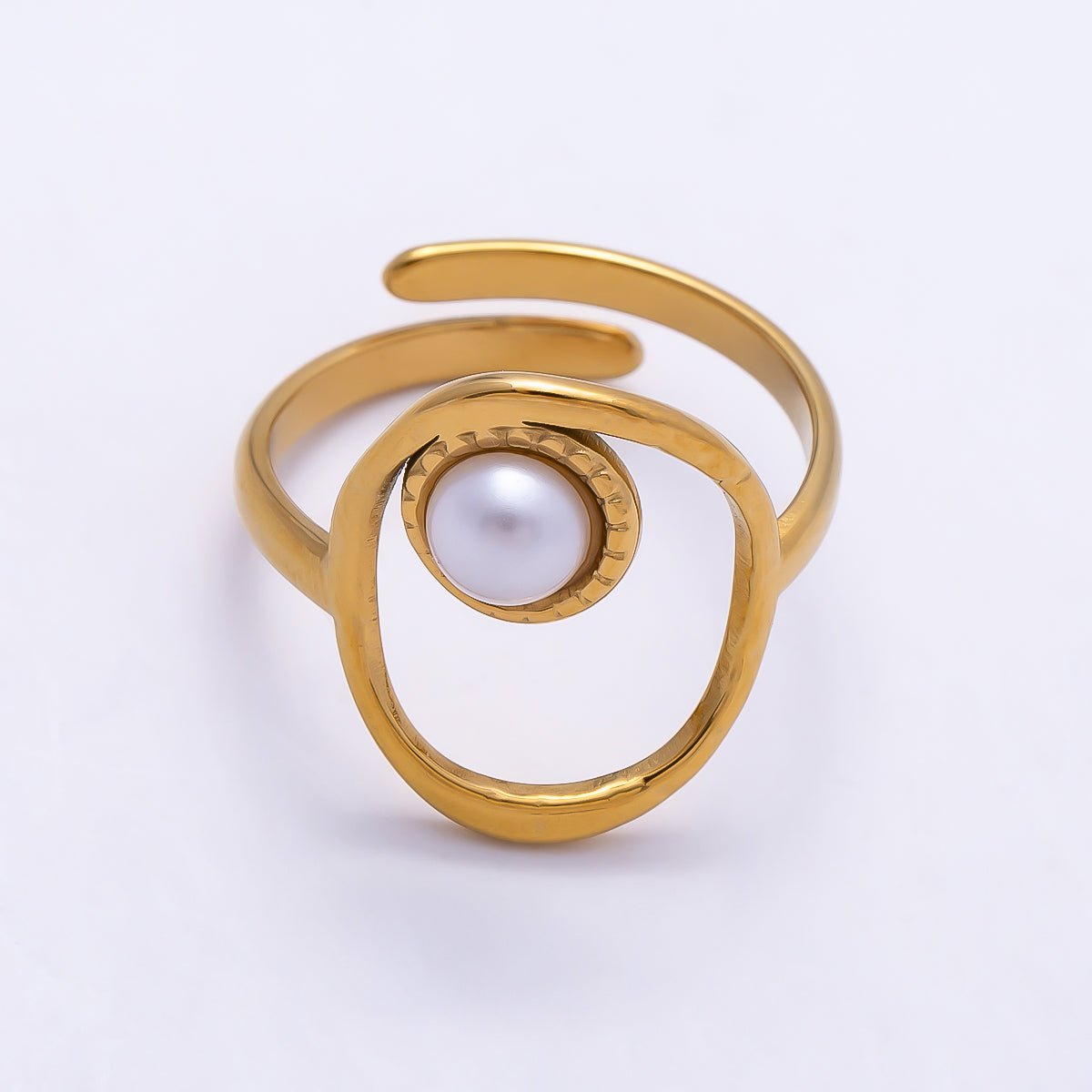 PVD Gold Stainless Steel Shell Pearl Open Molten Oval Bezel Ring | Rings-00310 - DLUXCA