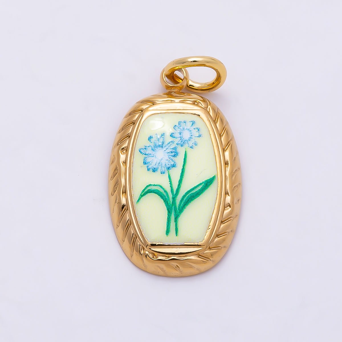 PVD Gold Stainless Steel Yellow, Blue Enamel Flower Ribbed Bezel Oval Charm | Charms-01333 Charms-01334 - DLUXCA
