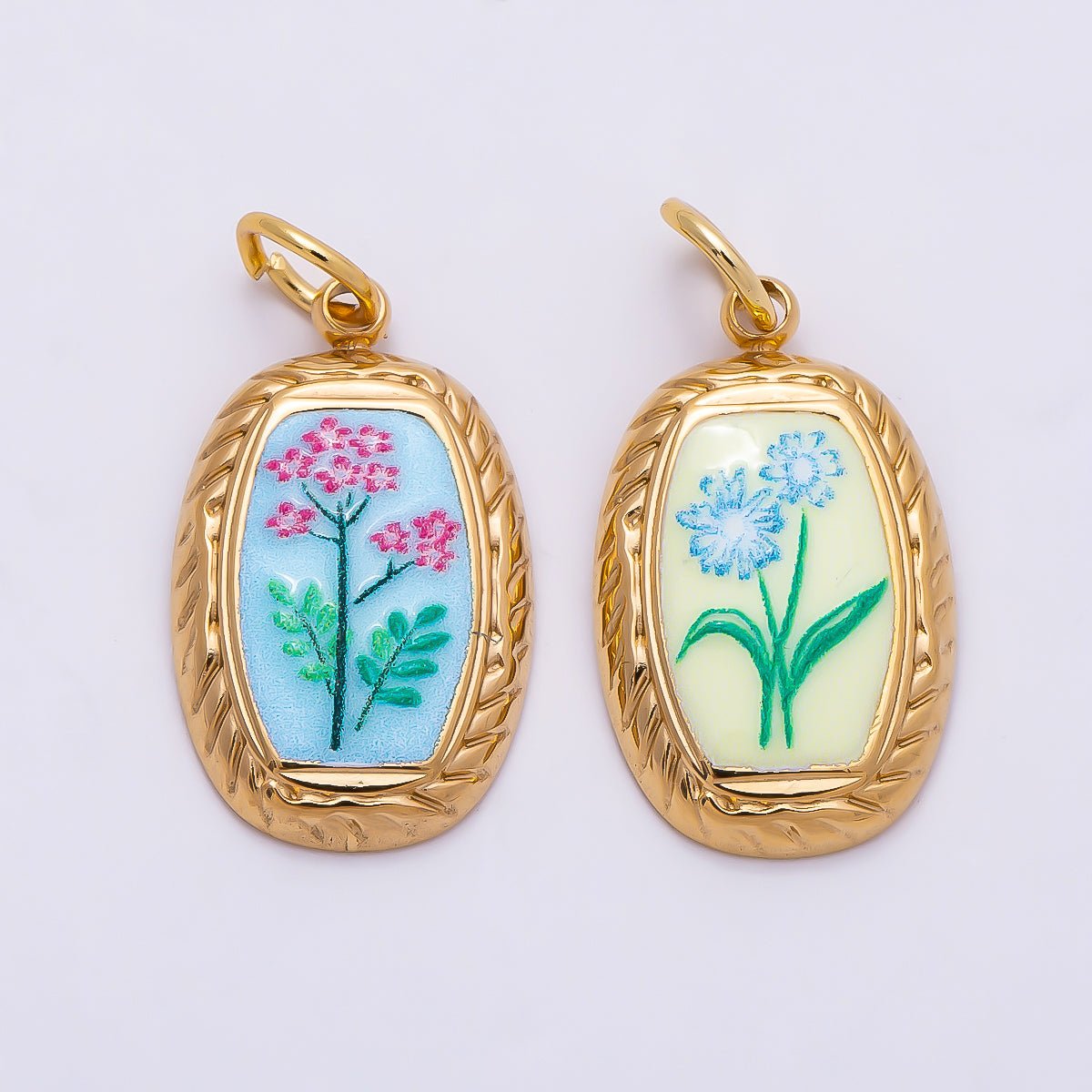 PVD Gold Stainless Steel Yellow, Blue Enamel Flower Ribbed Bezel Oval Charm | Charms-01333 Charms-01334 - DLUXCA