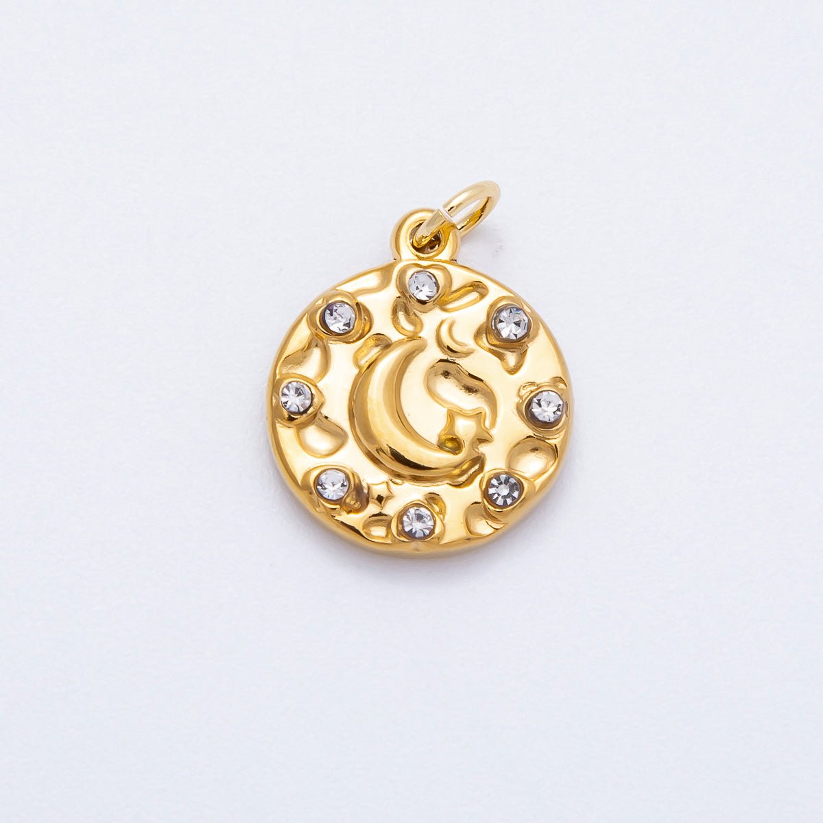PVD Stainless Steel 16mm Clear CZ Celestial Crescent Moon Round Charm | Charms - 00710 - DLUXCA