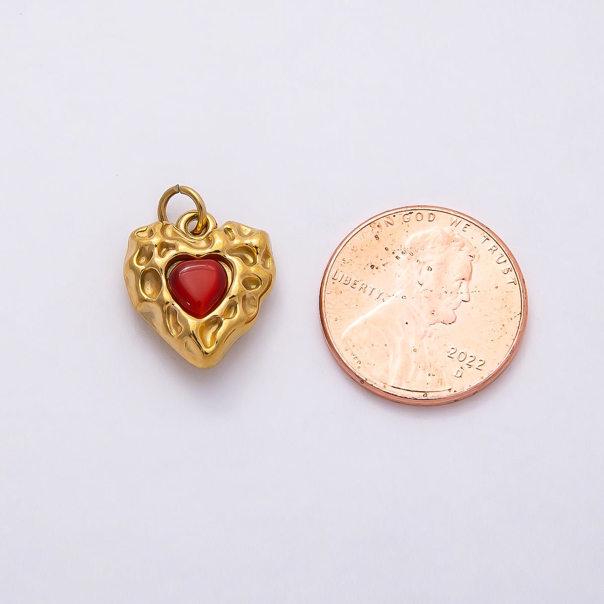 PVD Stainless Steel 16mm Red Gemstone Molten Heart Charm | Charms - 00801 - DLUXCA