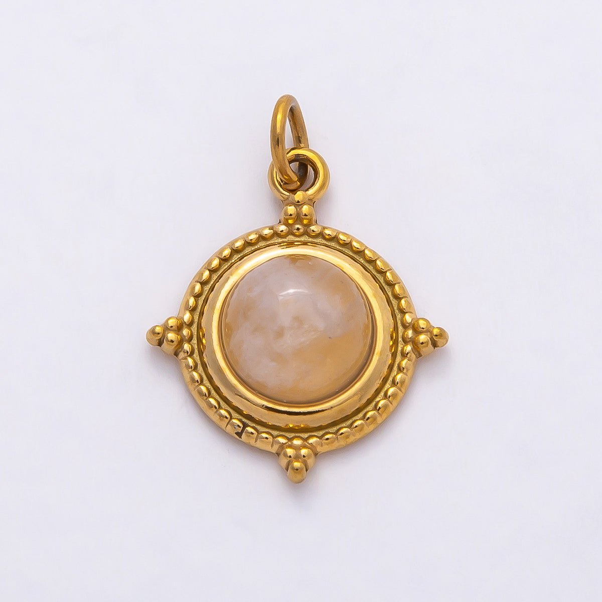 PVD Stainless Steel 18mm Rose Quartz Gemstone Dotted Round Charm | Charms - 00806 - DLUXCA