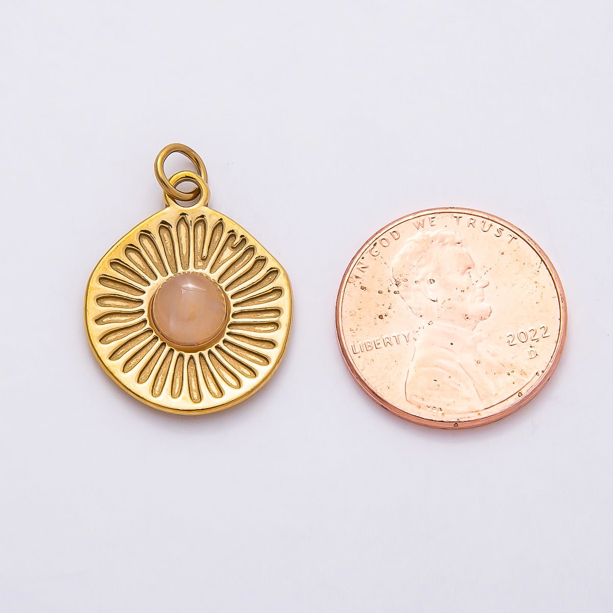 PVD Stainless Steel 21mm Rose Quartz Gemstone Sunburst Round Charm | Charms - 00800 - DLUXCA
