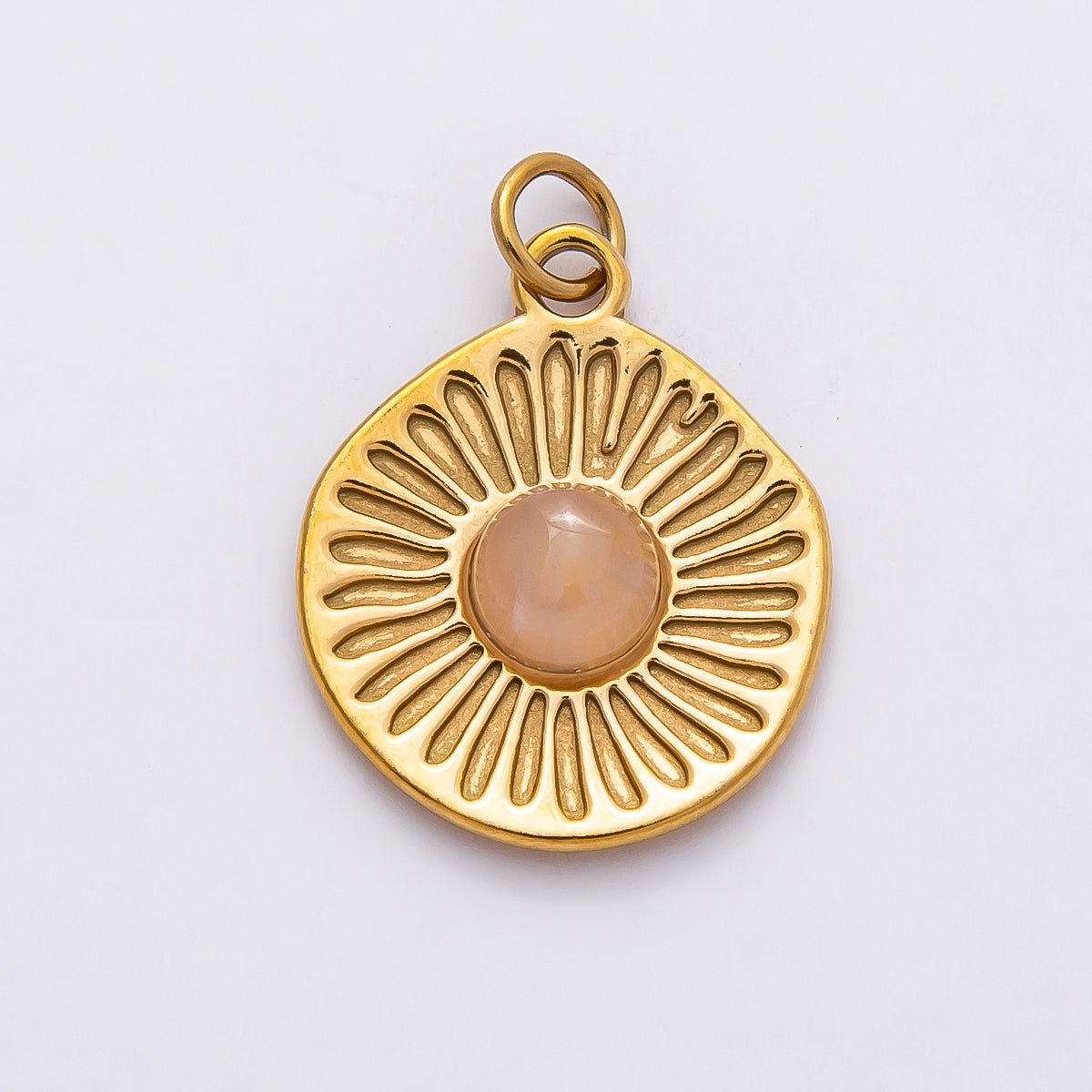 PVD Stainless Steel 21mm Rose Quartz Gemstone Sunburst Round Charm | Charms - 00800 - DLUXCA