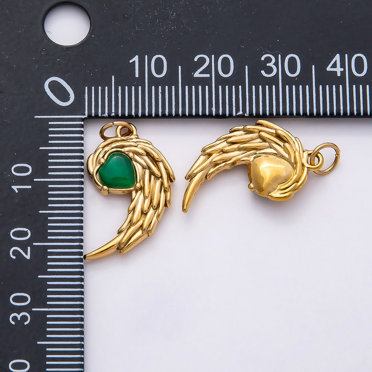 PVD Stainless Steel 22mm Green Heart Gemstone Half Wings Charm | Charms - 00808 - DLUXCA