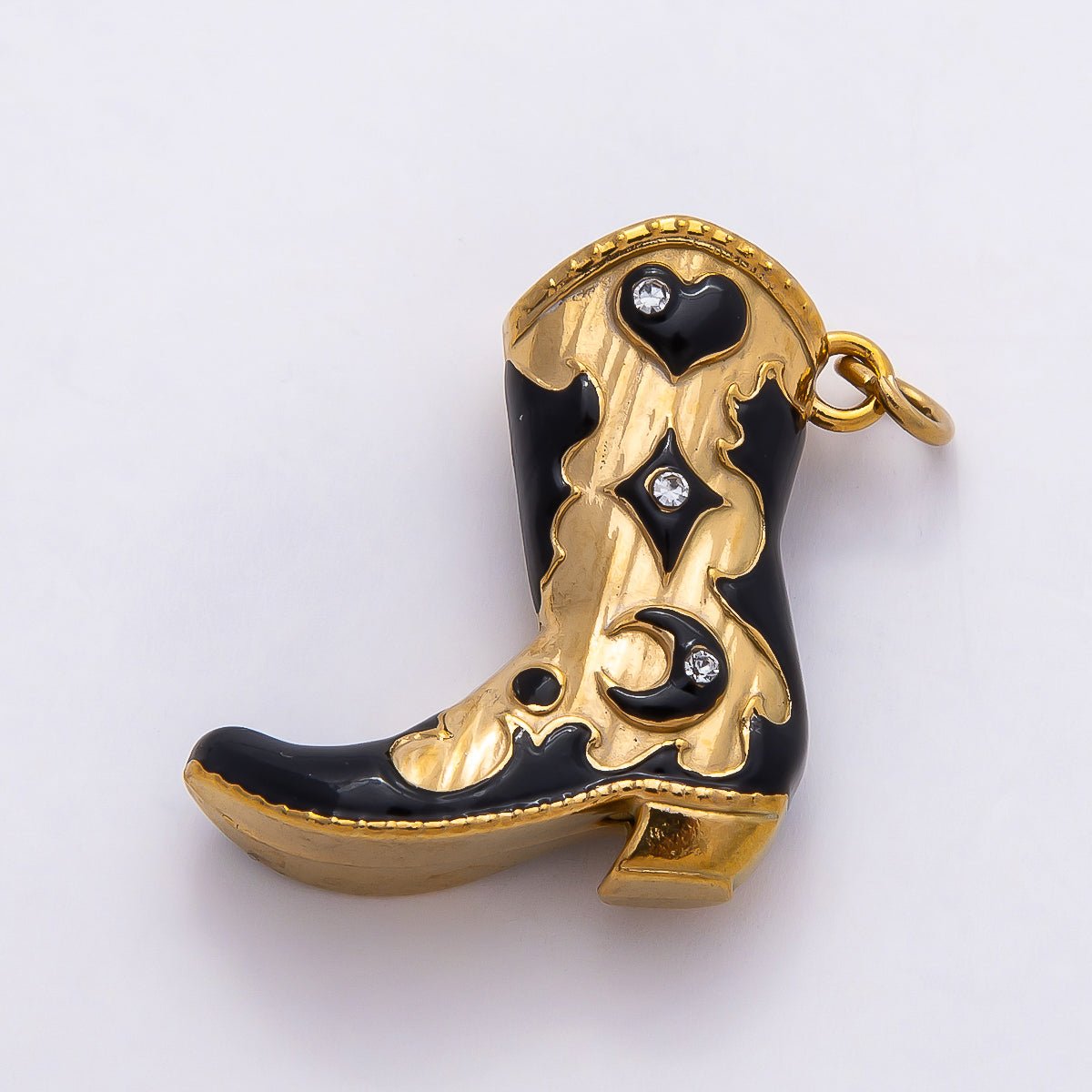 PVD Stainless Steel 27mm Clear and Red CZ Black Enamel Western Cowboy Boot Charm in Gold & Silver | Charms - 00782 - Charms - 00785 - DLUXCA