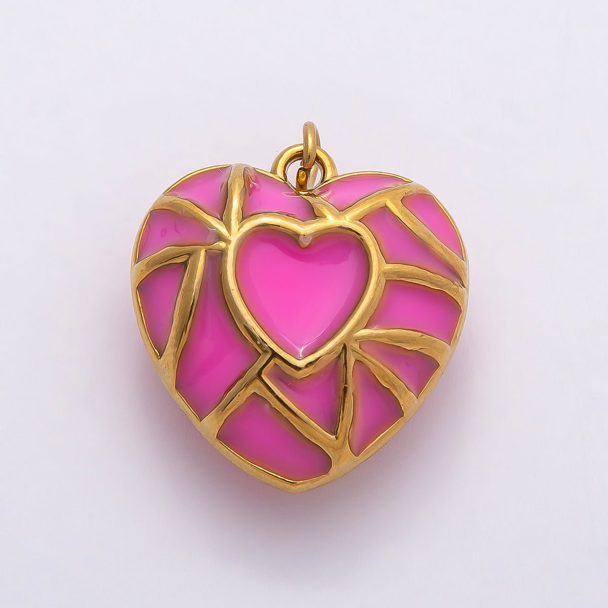 PVD Stainless Steel 27mm Pink Enamel Mosaic Puffy Heart Charm | Charms - 00788 - DLUXCA