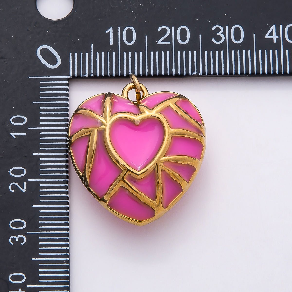 PVD Stainless Steel 27mm Pink Enamel Mosaic Puffy Heart Charm | Charms - 00788 - DLUXCA