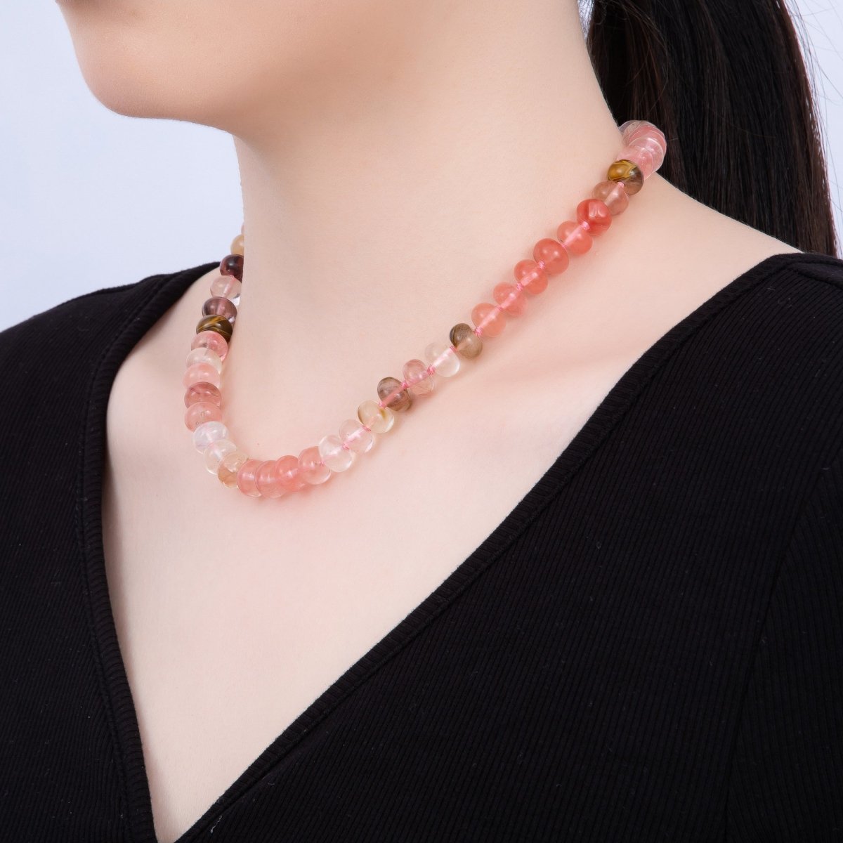 PVD Stainless Steel Natural Gemstone Rondelle Bead 17 Inch Necklace w Extender | WA - 04351 - WA - 04361 - DLUXCA