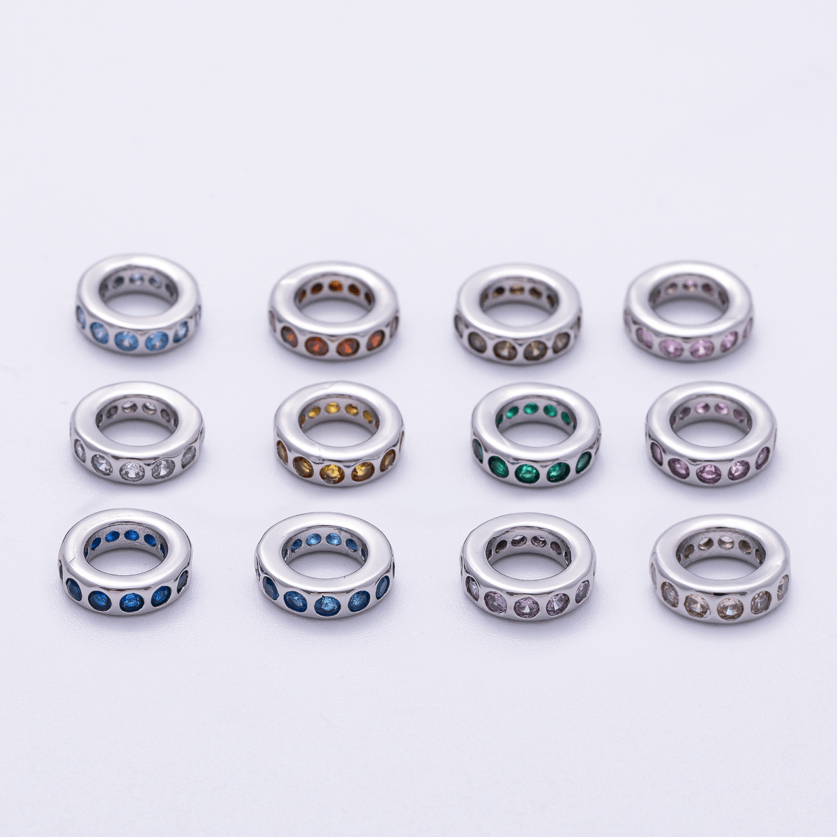 Rhodium Plated 10mm Personalized Round Beaded Birthstone CZ Rondelle Spacer Set | Beads - 00260 ~ Beads - 00271 - DLUXCA