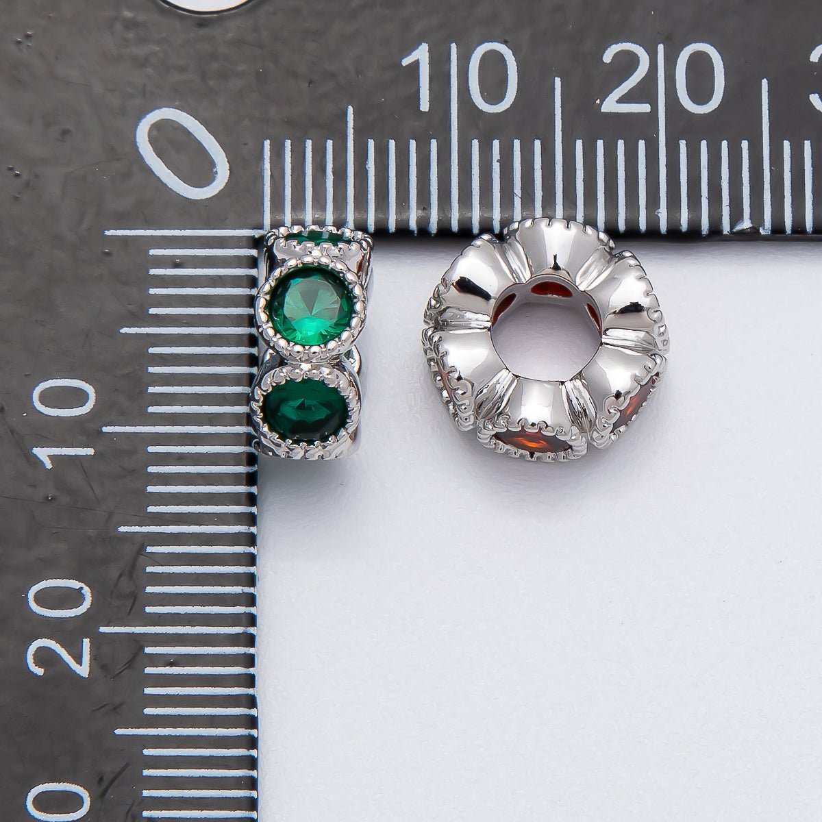Rhodium Plated 11mm Personalized Round Beaded Birthstone CZ Rondelle Spacer Set | Beads - 00208 - Beads - 00219 - DLUXCA