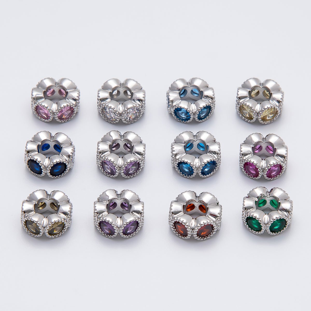 Rhodium Plated 11mm Personalized Round Beaded Birthstone CZ Rondelle Spacer Set | Beads - 00208 - Beads - 00219 - DLUXCA