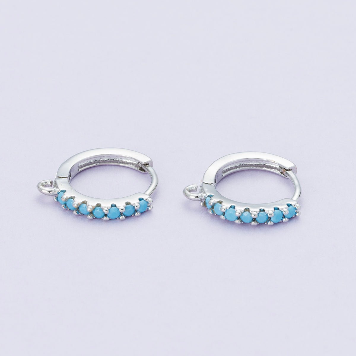Rhodium Plated 14mm Pink, Turquoise CZ Micro Paved Open Loop Drop Huggie Earrings | Findings - 00085 - DLUXCA