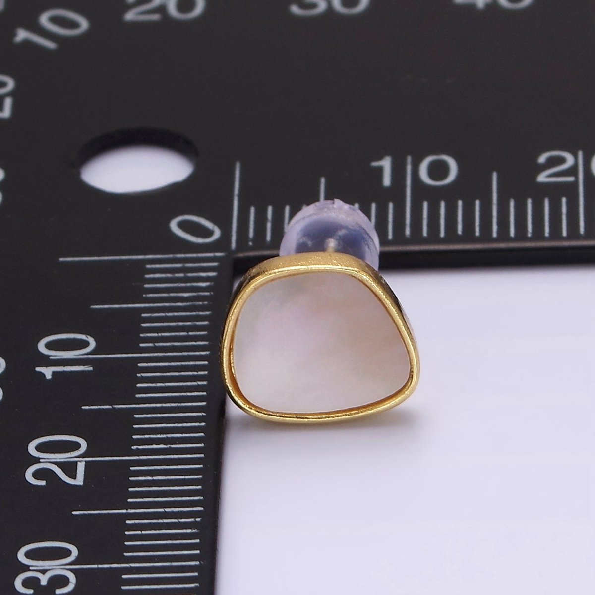 Rhodium Plated 14mm Shell Pearl Abstract Bezel Stud Silver Earrings | Earrings - 00161 - DLUXCA
