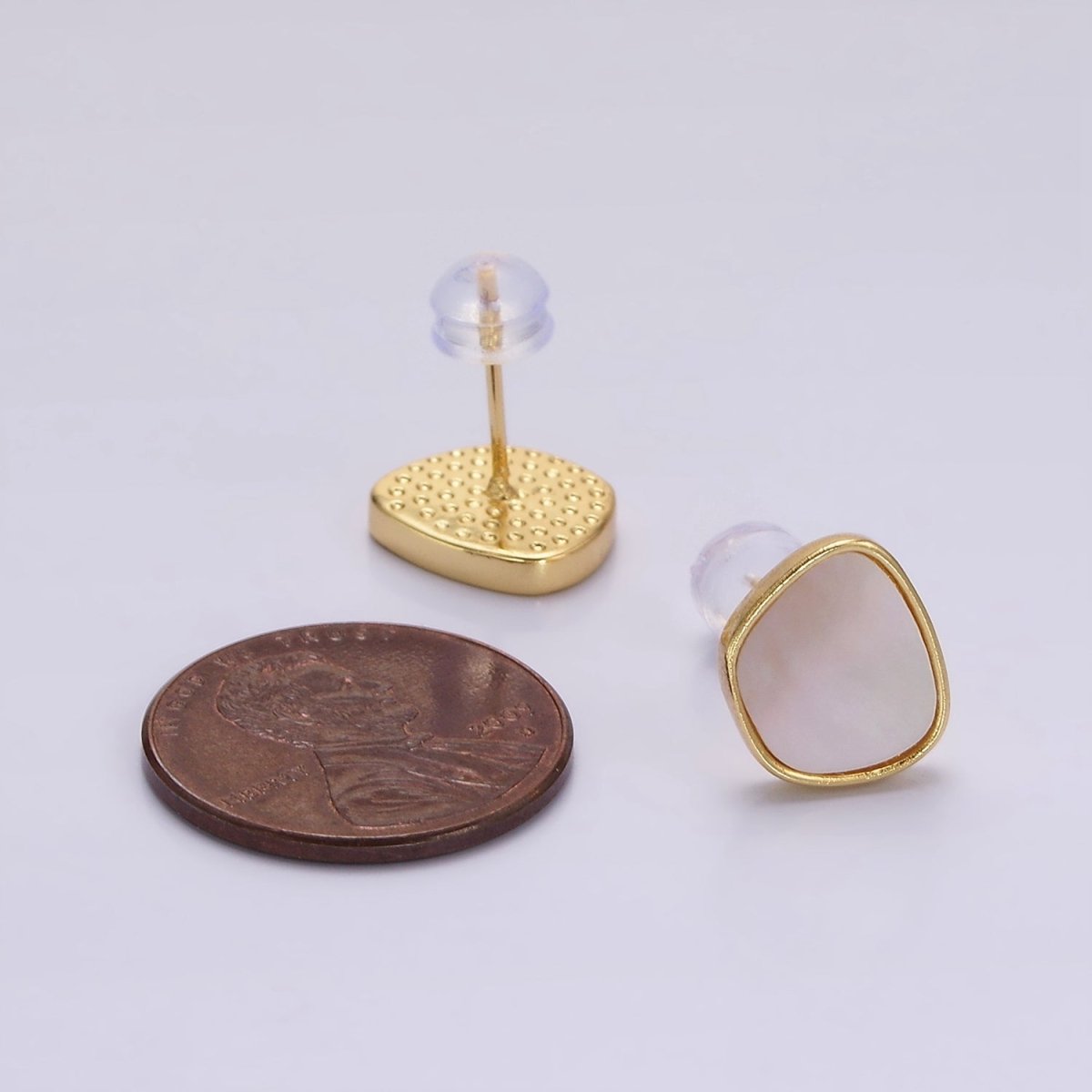 Rhodium Plated 14mm Shell Pearl Abstract Bezel Stud Silver Earrings | Earrings - 00161 - DLUXCA