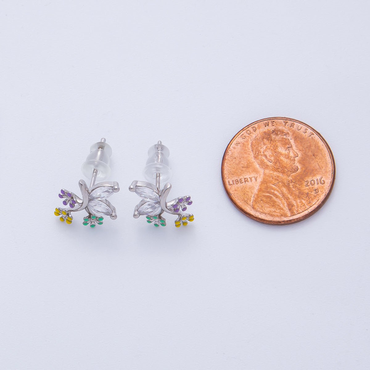 Rhodium Plated 15mm CZ Enamel Butterfly Wing Flower Stud | Earrings - 00229 - DLUXCA