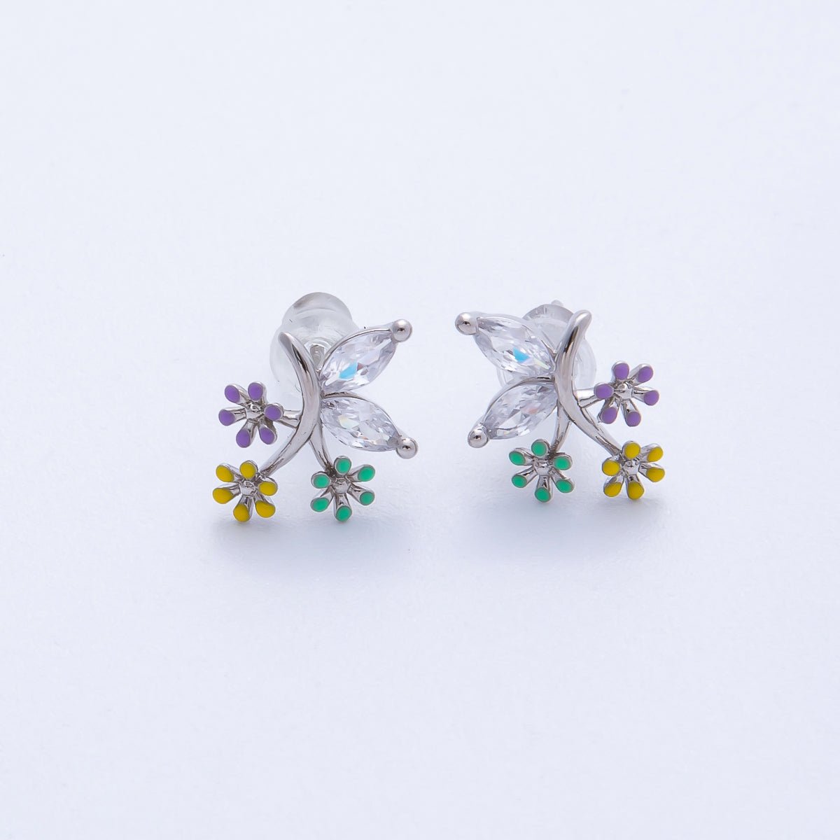 Rhodium Plated 15mm CZ Enamel Butterfly Wing Flower Stud | Earrings - 00229 - DLUXCA