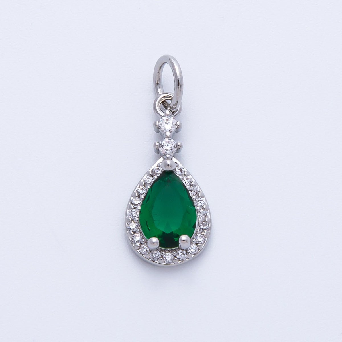 Rhodium Plated 16mm Pink, Green Micro Paved CZ Teardrop Charm | Charms - 00350 Charms - 00351 - DLUXCA