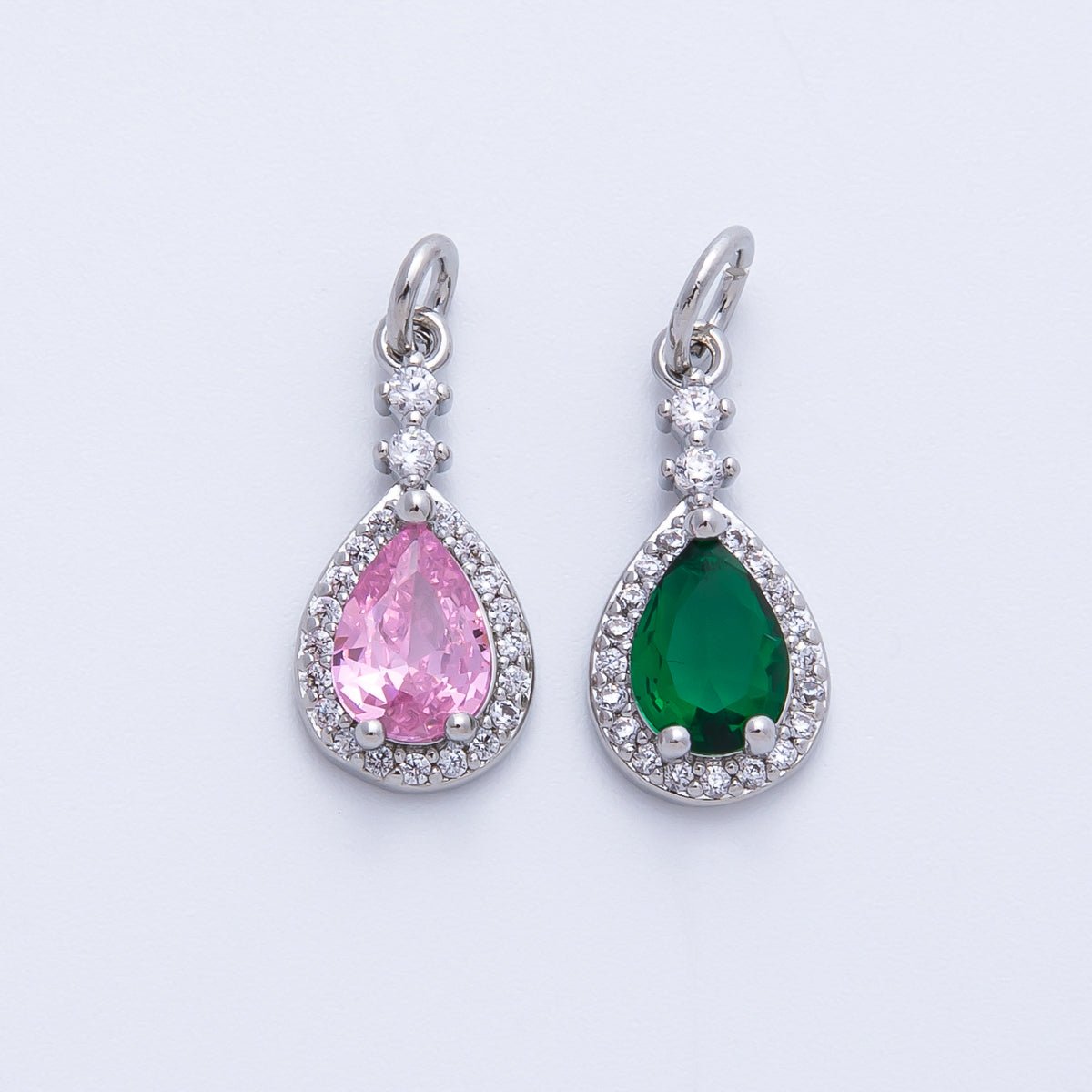 Rhodium Plated 16mm Pink, Green Micro Paved CZ Teardrop Charm | Charms - 00350 Charms - 00351 - DLUXCA