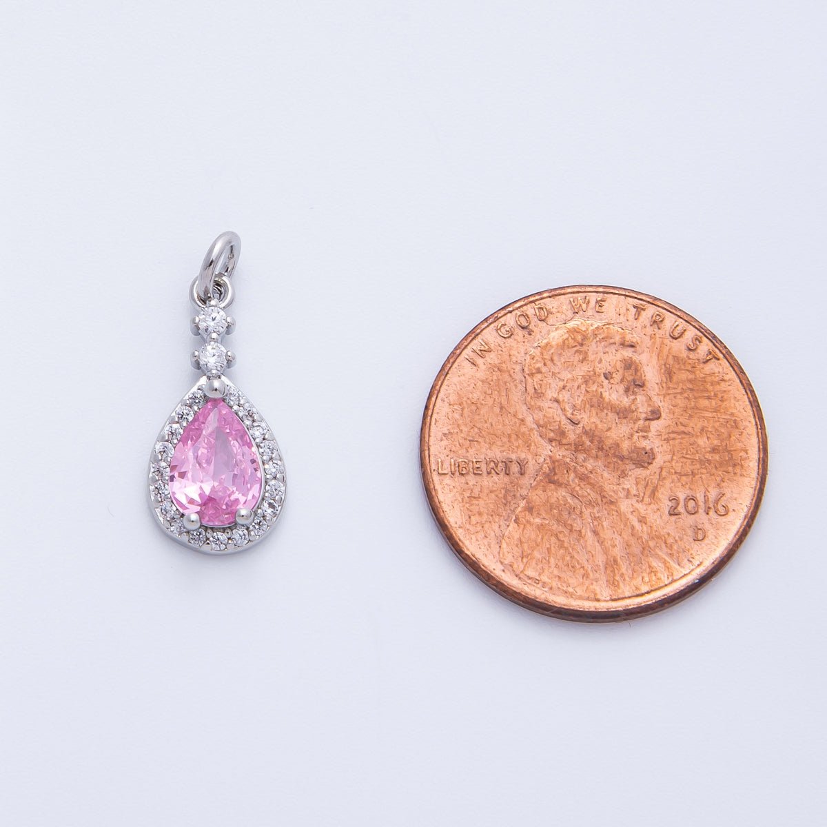 Rhodium Plated 16mm Pink, Green Micro Paved CZ Teardrop Charm | Charms - 00350 Charms - 00351 - DLUXCA