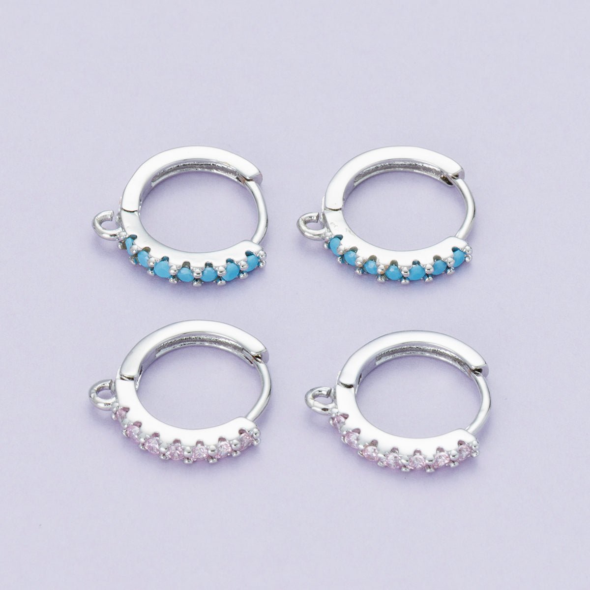 Rhodium Plated 16mm Pink, Turquoise Micro Paved CZ Open Loop Drop Huggie Earrings | Findings - 00085 Findings - 00086 - DLUXCA