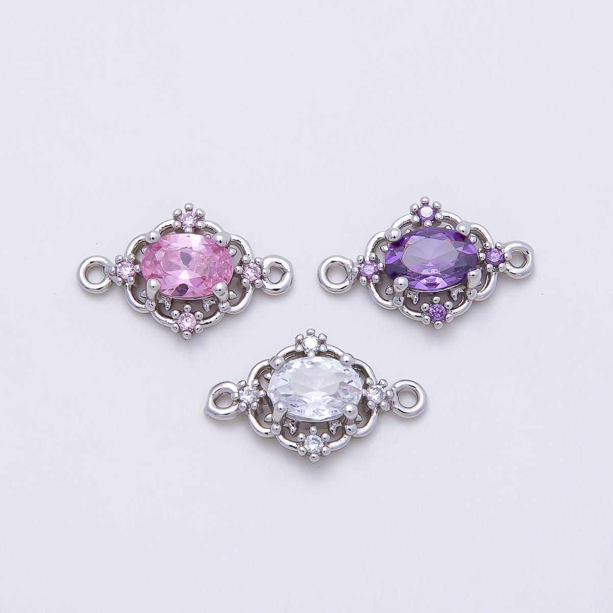 Rhodium Plated 17mm Clear, Pink, Purple CZ Artisan Connector | Connectors-00021 - Connectors-00023 - DLUXCA