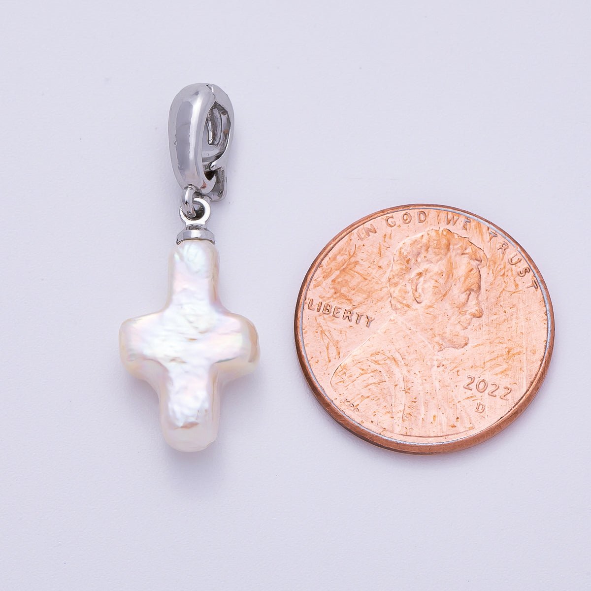 Rhodium Plated 18mm White Freshwater Pearl Religious Cross Pendant | Charms - 00475 - DLUXCA