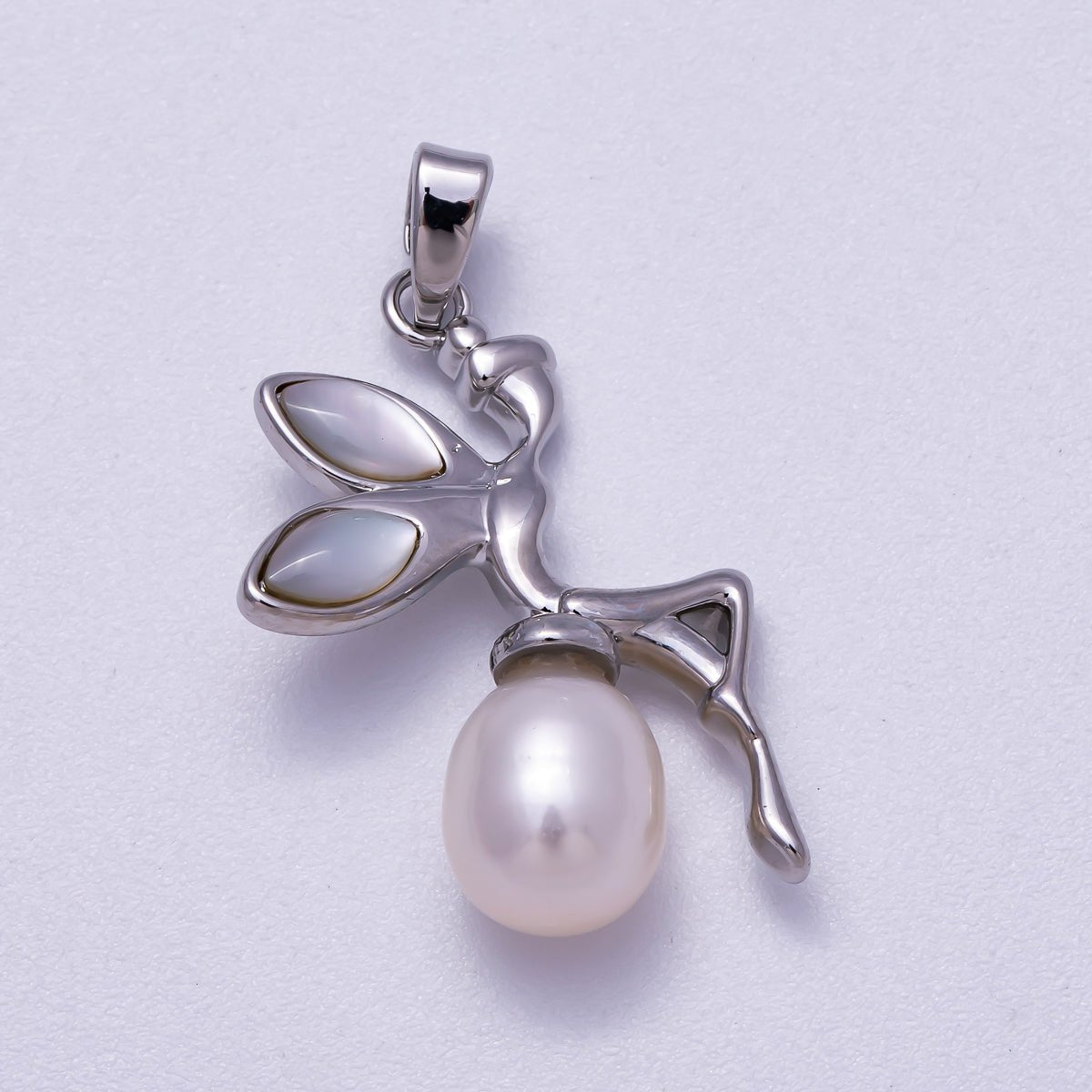 Rhodium Plated 26mm Shell Pearl Fairy Elf Pendant | Charms - 00646 - DLUXCA