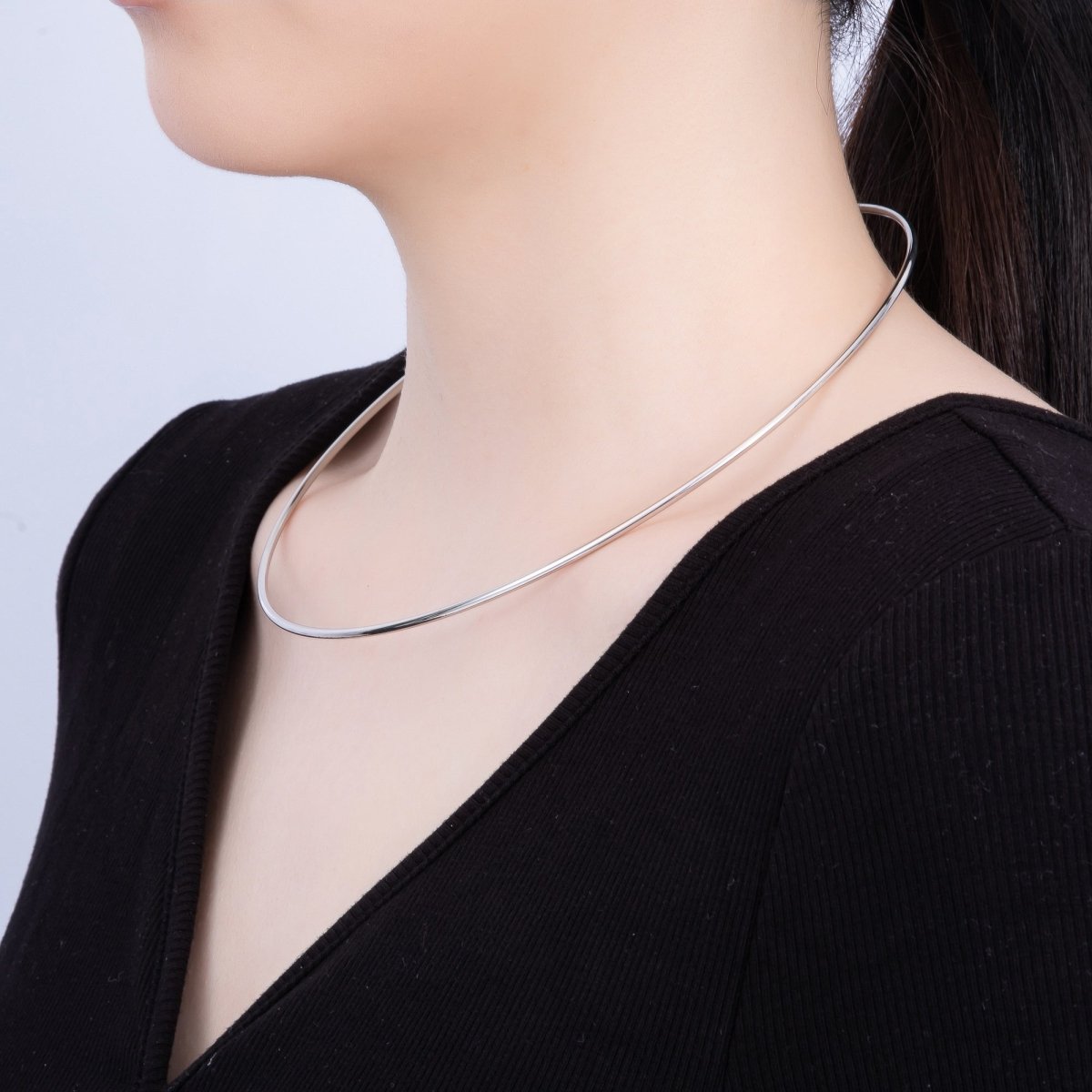 Rhodium Plated 2mm Minimalist Torque Cuff Collar Necklace with open beaded ball | WA - 04303 - DLUXCA