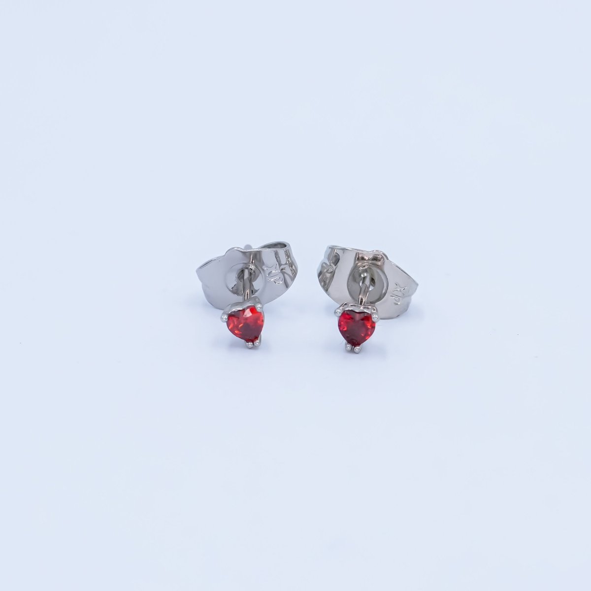 Rhodium Plated 3.3mm, 4.3mm Red CZ Heart Mini Stud Earrings | AB1301 AB1064 - DLUXCA