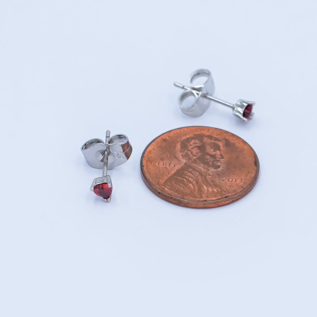 Rhodium Plated 3.3mm, 4.3mm Red CZ Heart Mini Stud Earrings | AB1301 AB1064 - DLUXCA