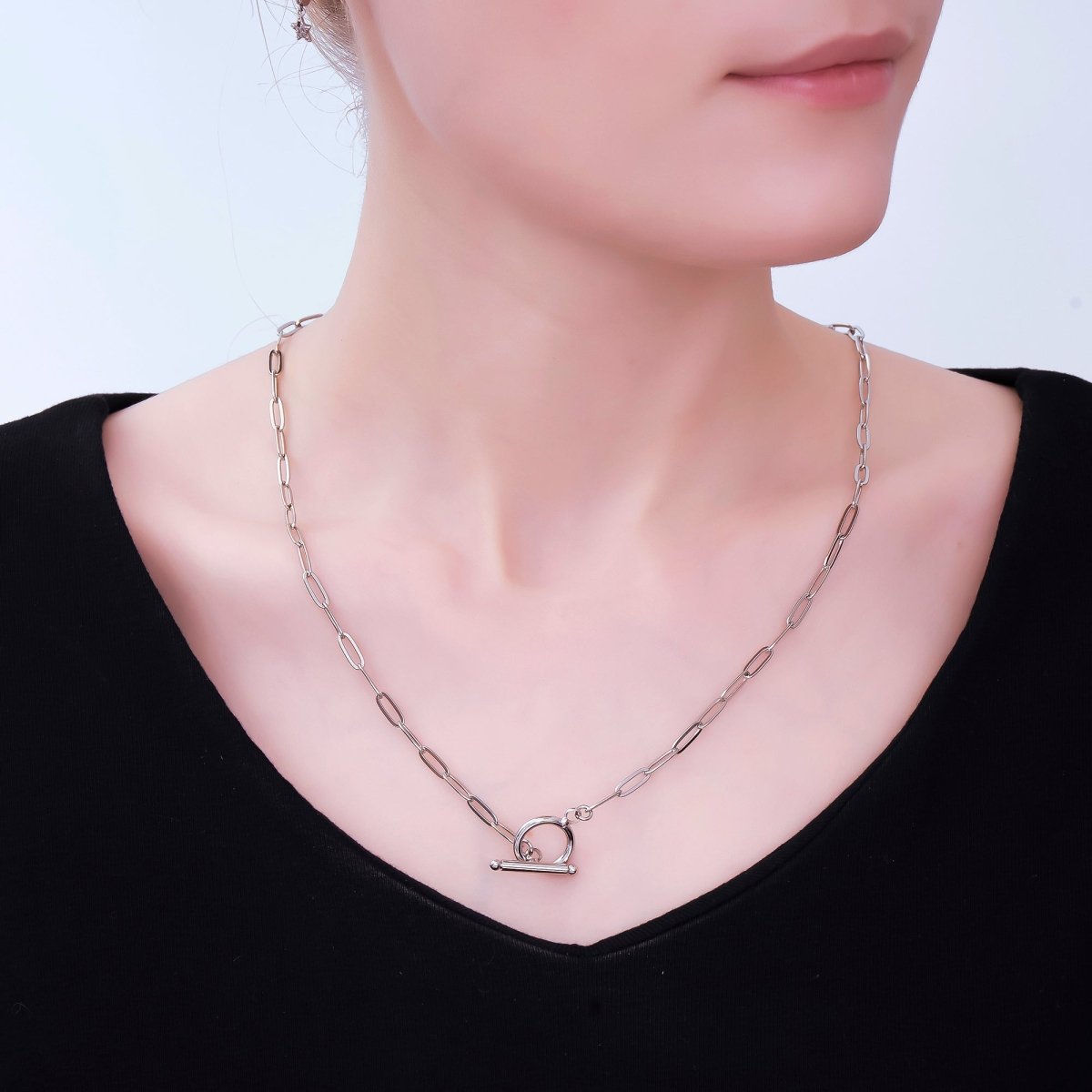 Rhodium Plated 3.5mm Toggle Paperclip Chain 19.5 Inch Necklace w. Extender | WA - 3243 - DLUXCA